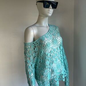 deb 3x Aqua Crochet One-Shoulder Beach Cover-Up